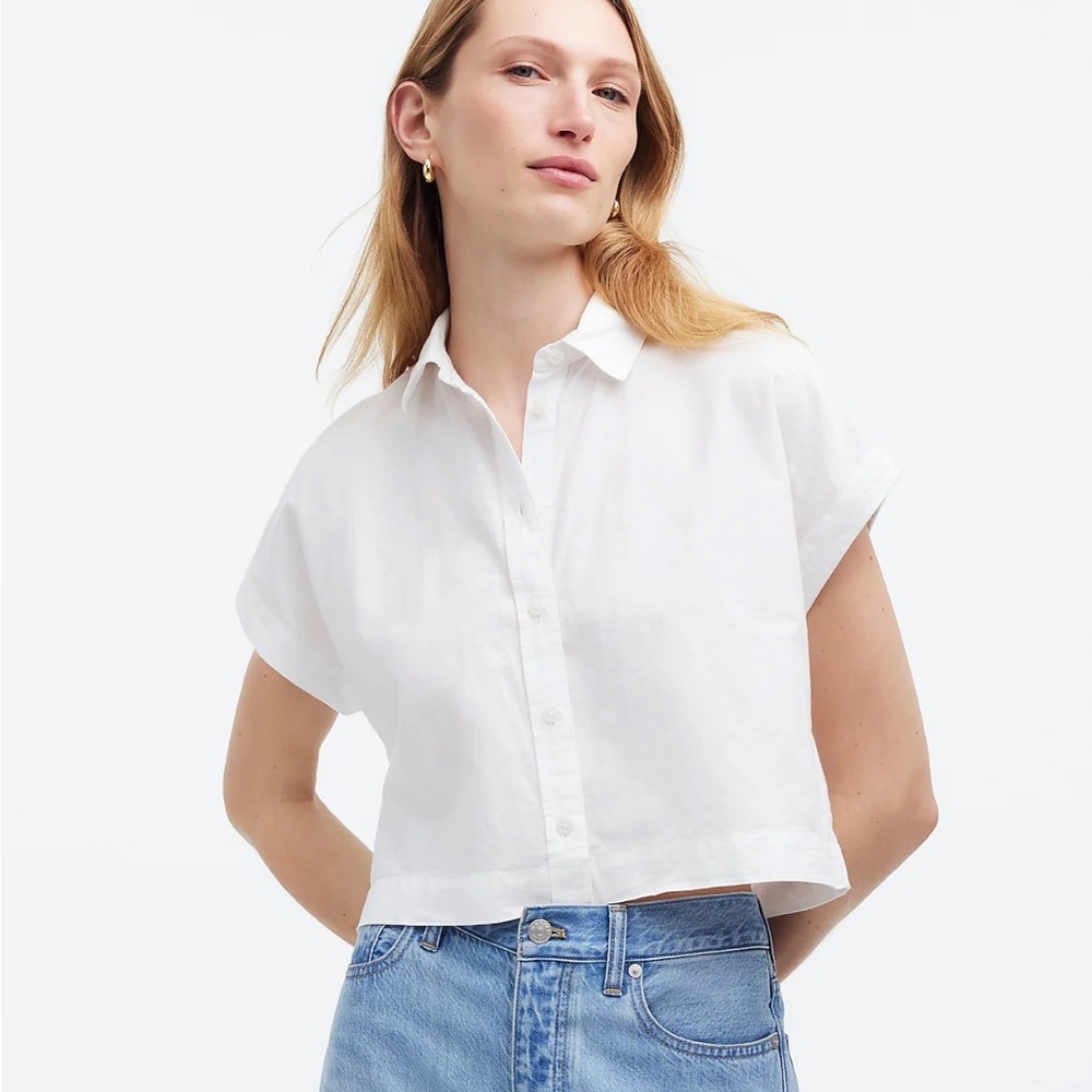Madewell White Collar Button Down Crop Dolman Shirt